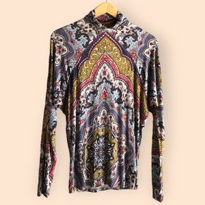Free People Chase Me Paisley Knit Turtleneck Blouse Bohemian Artsy Women Small